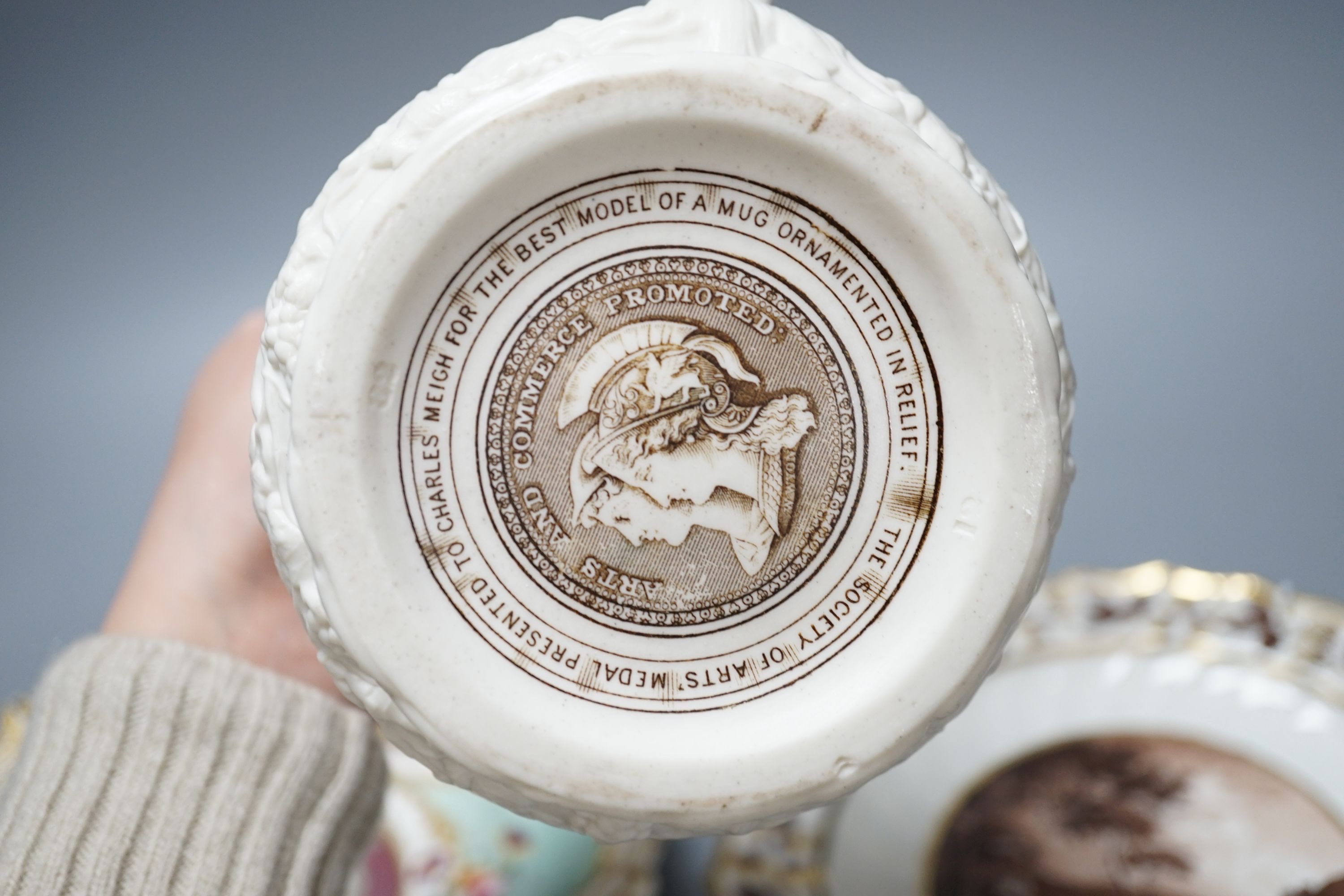 A Flight & Barr, Worcester plate painted with a view of Ennischerry, Dublin, 23cm, another by Davenport and a Charles Meigh relief-moulded parian jug